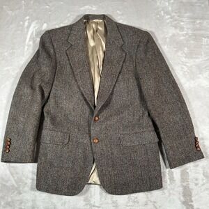 VTG Harris Tweed Blazer Mens 40R Brown Herringbone Pure Scottish Wool Handwoven